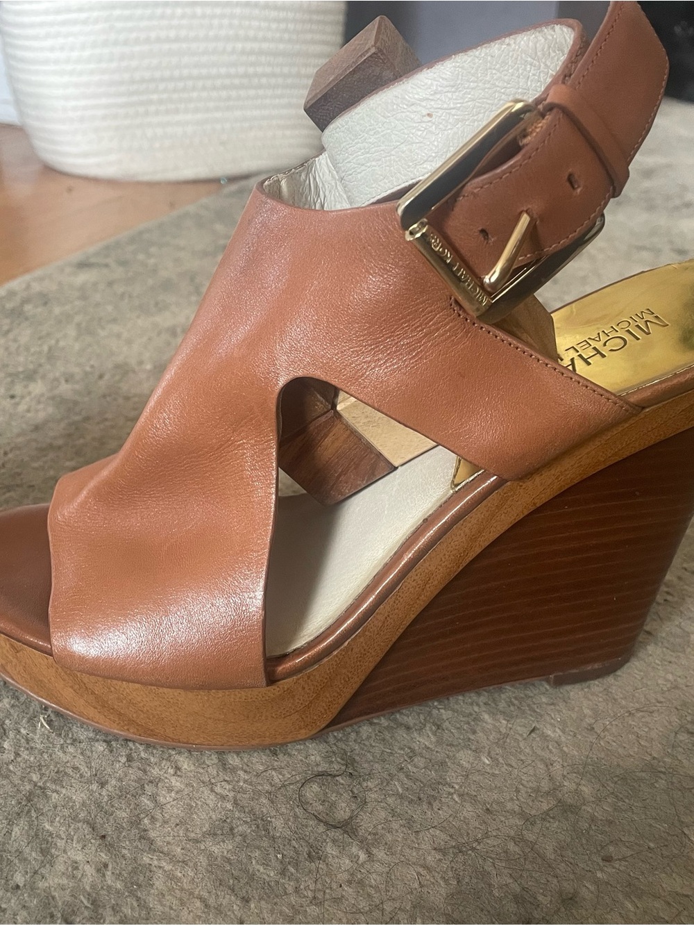 Michael Kors Brown Leather Platform Wedge Sandals with Gold Buckle